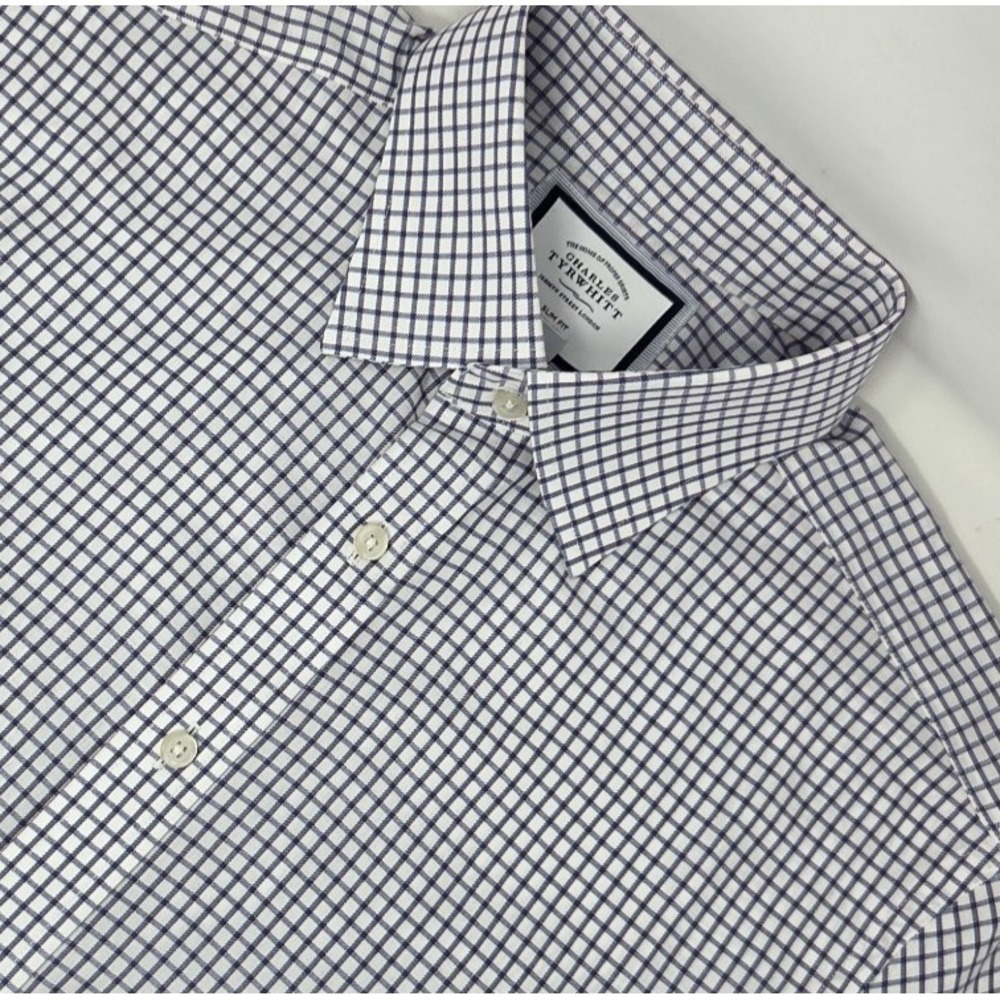 Charles Tyrwhitt Dress‎ Shirt Men's 16/35 Blue White Check Non Iron Slim Fit